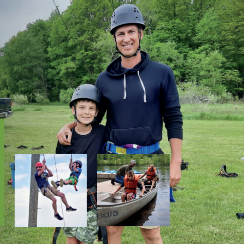 A father and son smiling outdoors