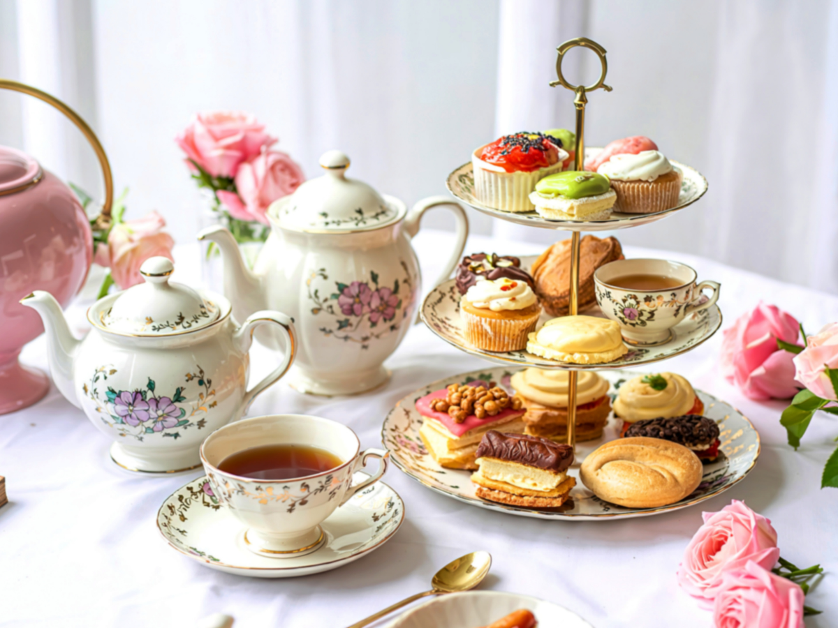 pretty table setting set for tea with petit fours